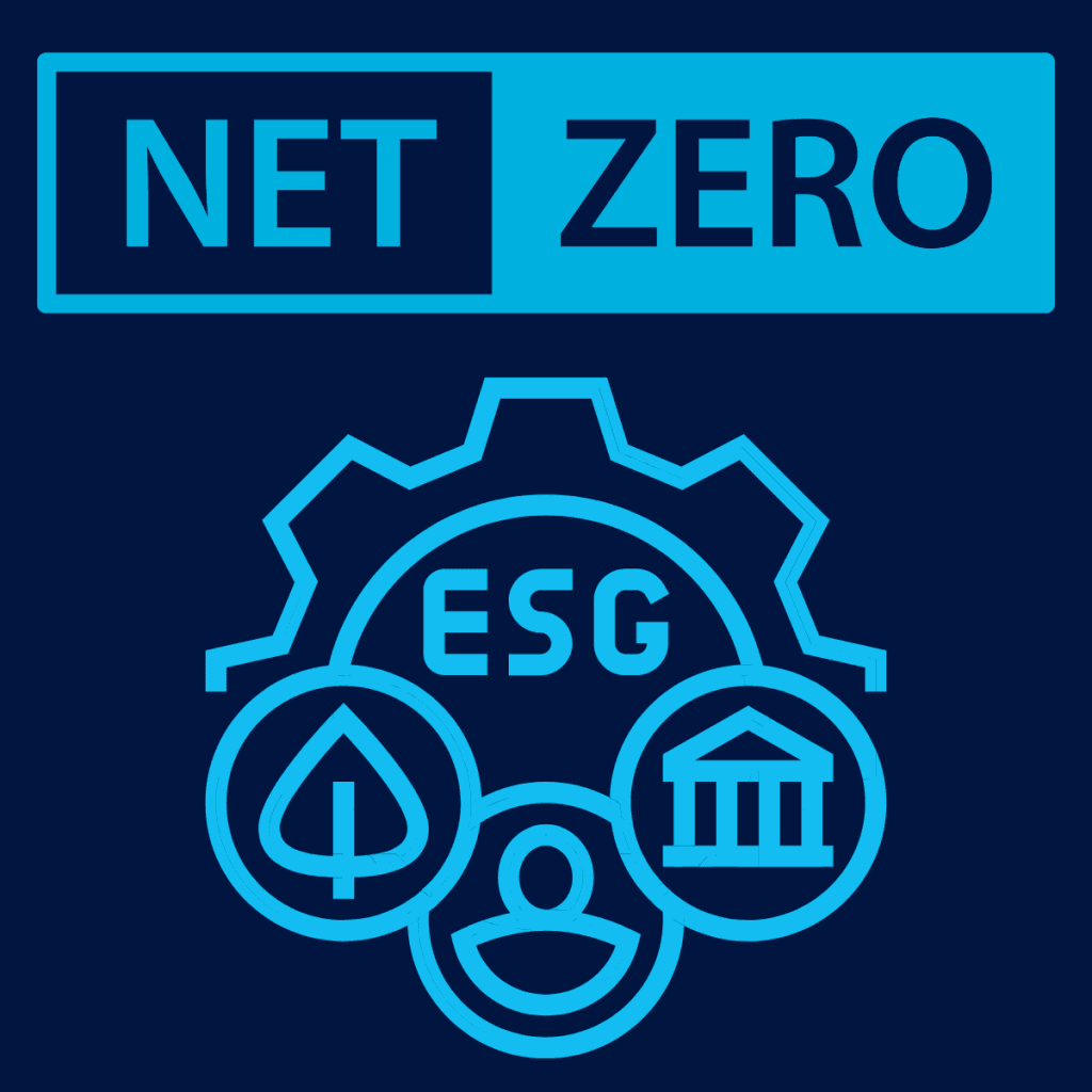Graphic with the words ‘NET ZERO’ at the top and an ESG icon below. The ESG icon is inside a cogwheel, with three surrounding symbols: a leaf for environment, a person for social, and a government building for governance. The design uses blue tones on a dark background