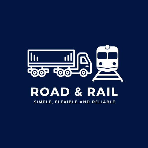 Logo design featuring a white outline of a lorry and a train on a dark blue background, with the words ‘ROAD & RAIL’ in bold capital letters and the tagline ‘Simple, Flexible and Reliable’ beneath