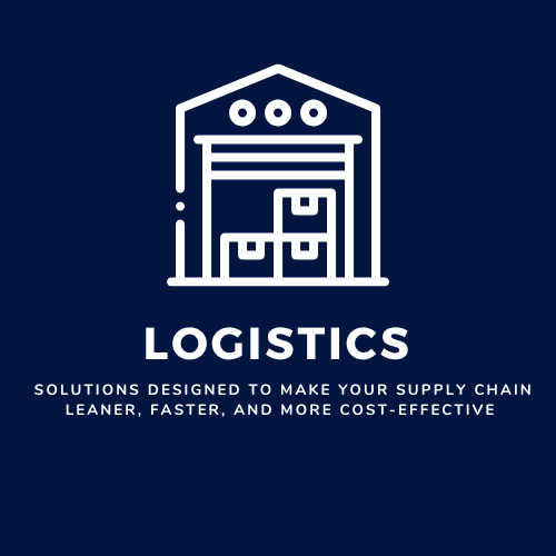 Logo for Logistics Services featuring a white warehouse icon with stacked boxes inside, on a dark blue background. Text below reads: ‘Logistics Services – Solutions designed to make your supply chain leaner, faster, and more cost-effective’.