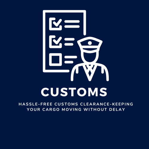 Dark blue graphic with a white icon of a customs officer in uniform standing beside a checklist. Below, the word ‘CUSTOMS’ is written in bold capital letters, followed by the tagline: ‘Hassle-free customs clearance – keeping your cargo moving without delay’.